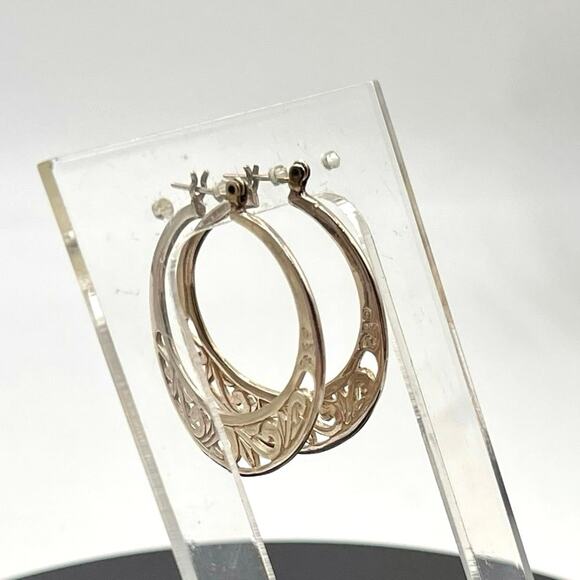 Designer Signed Sterling Silver 925 Floral Filigree Hoop Earrings - Picture 2 of 8